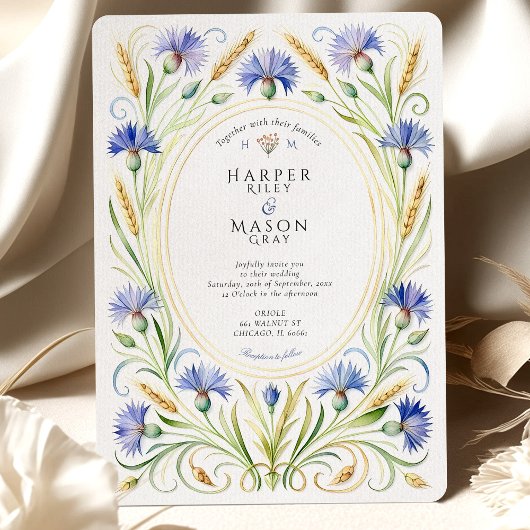 Country Wildflower Cornflower & Wheat Wedding Kaart