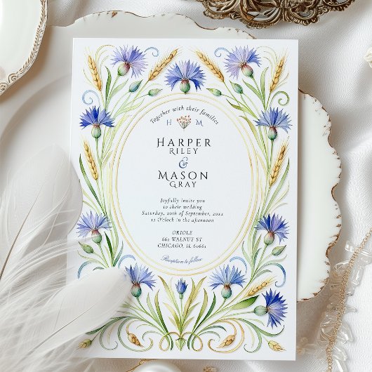 Country Wildflower Cornflower & Wheat Wedding Kaart