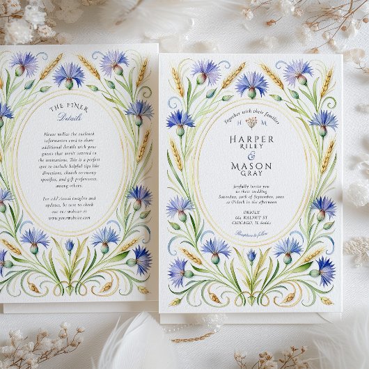 Country Wildflower Cornflower & Wheat Wedding Kaart