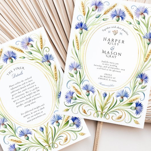 Country Wildflower Cornflower & Wheat Wedding Kaart