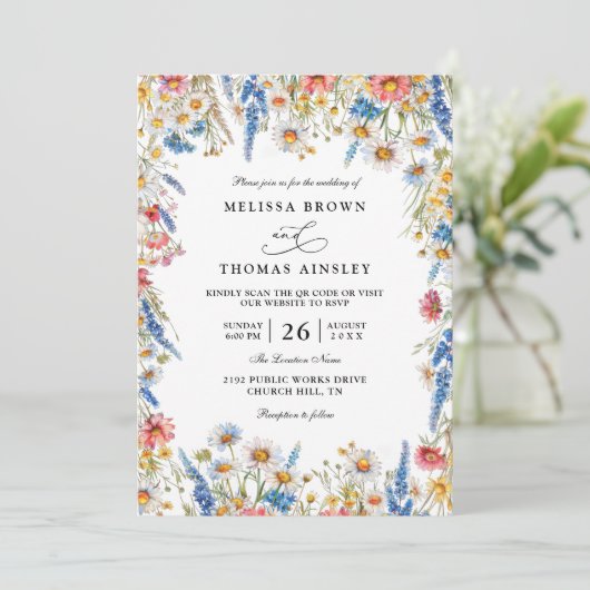 Country Wildflower Rustic Modern QR Code Wedding Kaart (Staand voorkant)