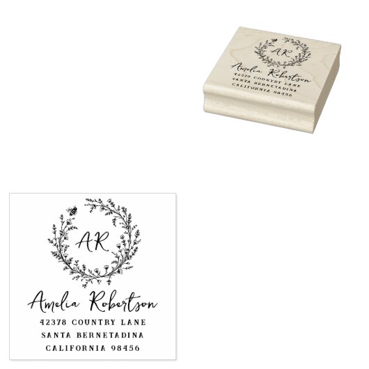 Country Wildflowers & Bee Monogram Rustiek Adres Rubberstempel (Gestempeld)