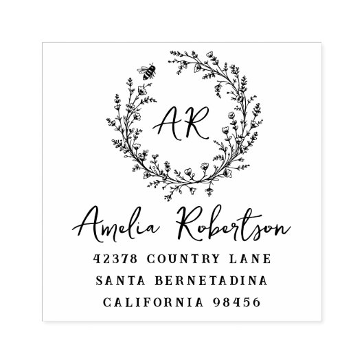 Country Wildflowers & Bee Monogram Rustiek Adres Rubberstempel (Afrduk)