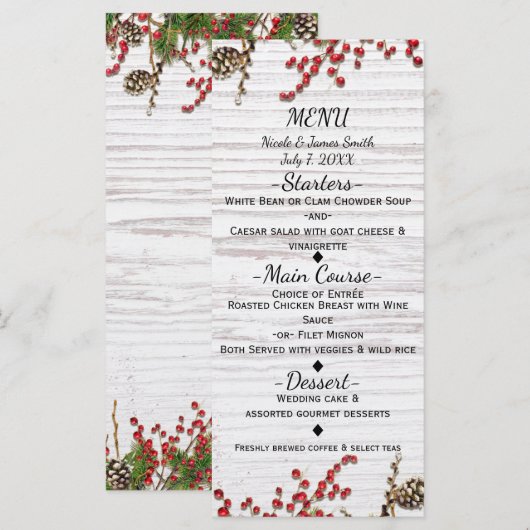 Country Winter Holiday Berries & Pine Cone Menu (Voorkant / Achterkant)
