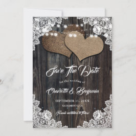 Country Wood Burlap Hearts Floral Lace Wedding Save The Date