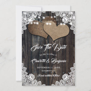 Country Wood Burlap Hearts Floral Lace Wedding Save The Date
