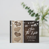 Country Wood Burlap Lace String Lights Wedding Aankondigingskaart (Staand voorkant)