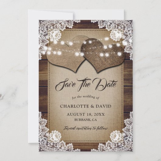 Country Wood String Lights Burlap Lace Wedding Save The Date (Voorkant)