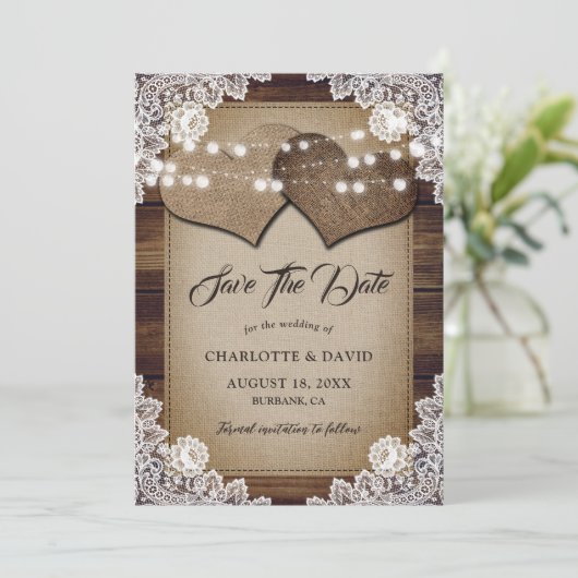 Country Wood String Lights Burlap Lace Wedding Save The Date (Staand voorkant)