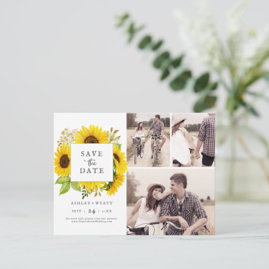 Country Zonnebloem 3 Foto Collage Save the Date Uitnodiging Briefkaart (Staand voorkant)