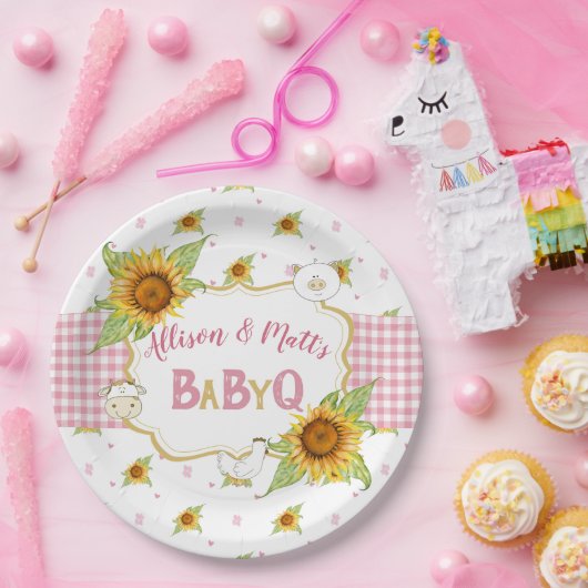 Country Zonnebloem Roze Gingham Baby Q Barbeque Papieren Bordje (Feest)