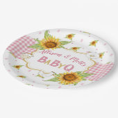 Country Zonnebloem Roze Gingham Baby Q Barbeque Papieren Bordje (Gekanteld)