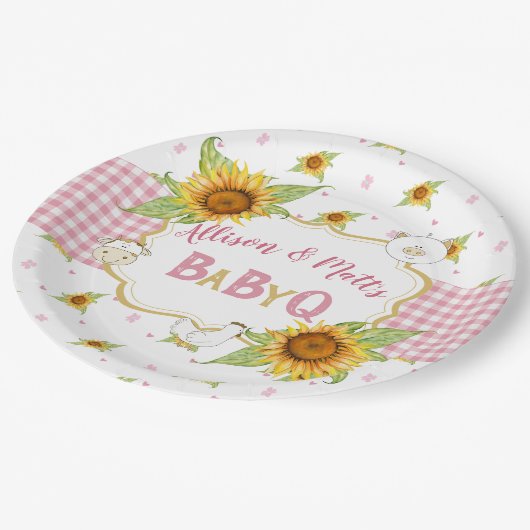 Country Zonnebloem Roze Gingham Baby Q Barbeque Papieren Bordje (Gekanteld)