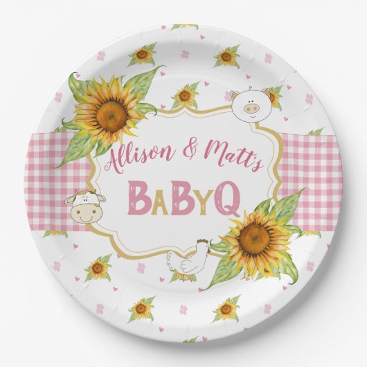 Country Zonnebloem Roze Gingham Baby Q Barbeque Papieren Bordje (Voorkant)