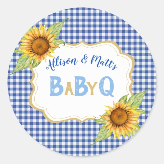 Country Zonnebloemen Blauw Geruit BBQ BabyQ Ronde Sticker (Voorkant)