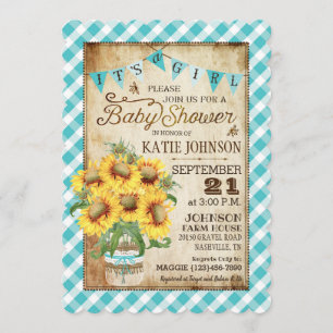 Country Zonnebloemen Gingham Check Girl Baby showe Kaart