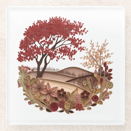 Countryside in the Autumn Quilling effect design Glazen Onderzetter (Voorkant)