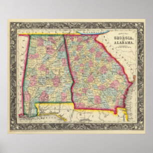 County Map of Georgia en Alabama Poster