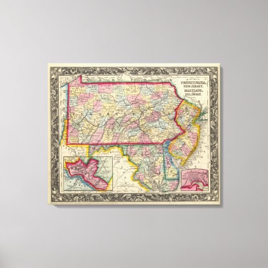 County Map of Pennsylvania, New Jersey Canvas Afdruk (Voorkant)