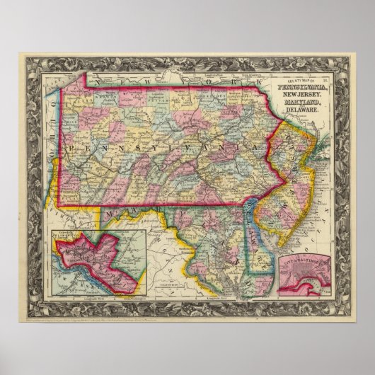 County Map of Pennsylvania, New Jersey Poster (Voorkant)