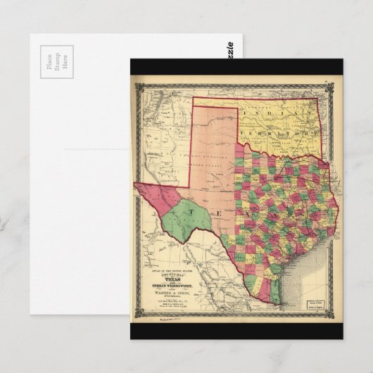 County Map of Texas and Indian Territory (1874) Briefkaart (Voorkant / Achterkant)