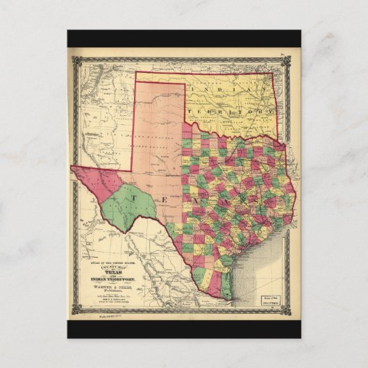 County Map of Texas and Indian Territory (1874) Briefkaart (Voorkant)