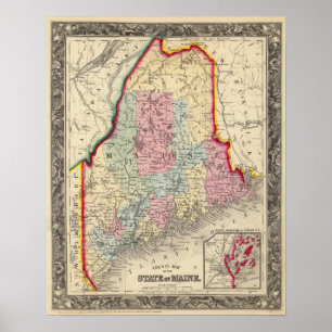 County Map of the State of Maine Poster