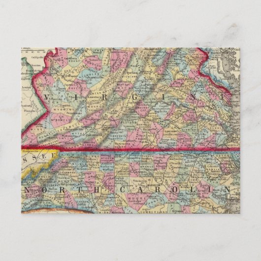 County Map of Virginia en North Carolina Briefkaart (Voorkant)