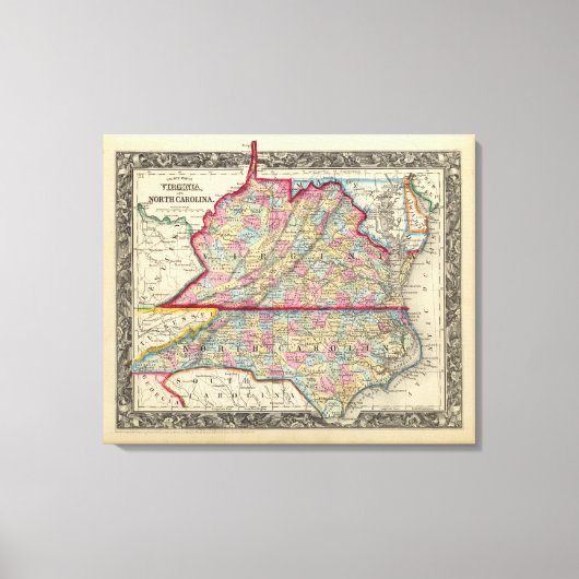County Map of Virginia en North Carolina Canvas Afdruk (Voorkant)