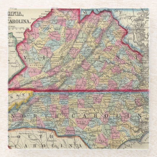 County Map of Virginia en North Carolina Glazen Onderzetter (Voorkant)