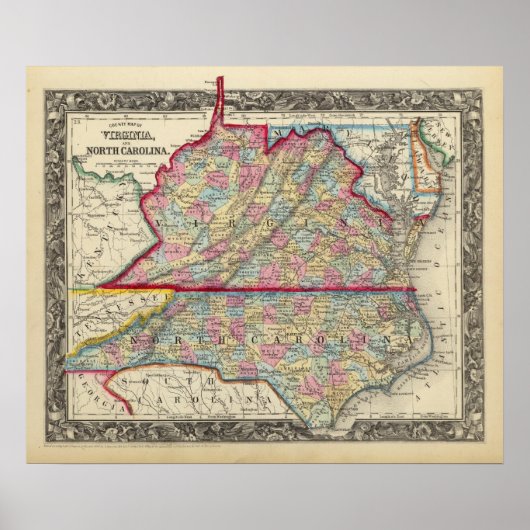 County Map of Virginia en North Carolina Poster (Voorkant)