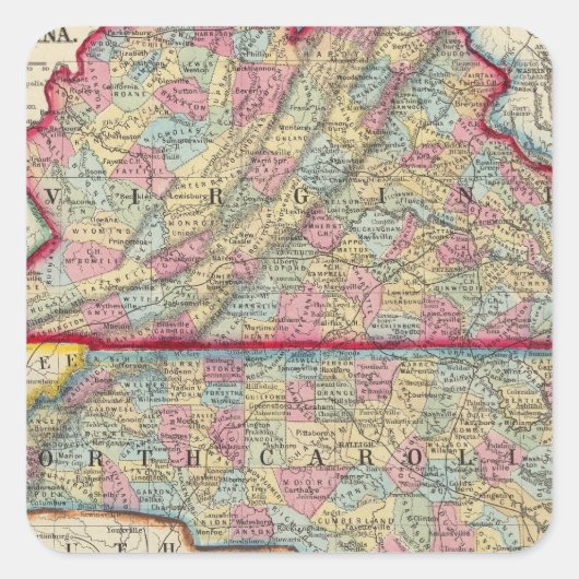 County Map of Virginia en North Carolina Vierkante Sticker (Voorkant)