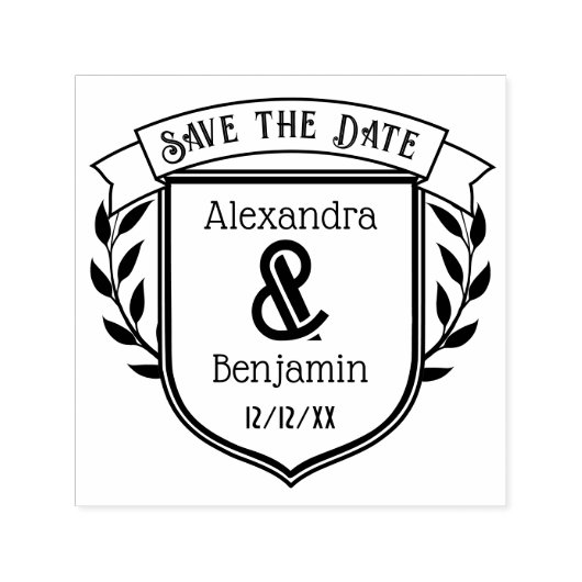 Couple Crest Ribbon Botanical Save the Date #2 Zelfinktende Stempel (Design)