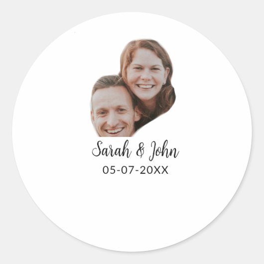 Couple face photo add name date simple wedding ronde sticker (Voorkant)