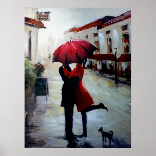 Couple met Umbrella en Dog Poster Print (Voorkant)