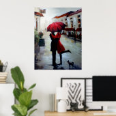 Couple met Umbrella en Dog Poster Print (Thuiskantoor)