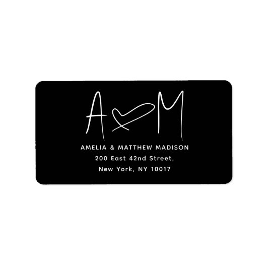 Couple Monogram Heart Black Return Address Etiket (Voorkant)