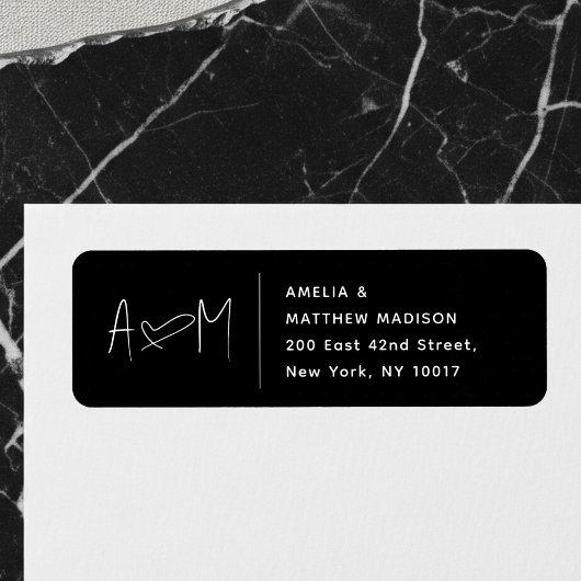 Couple Monogram Heart Black Return Address Etiket