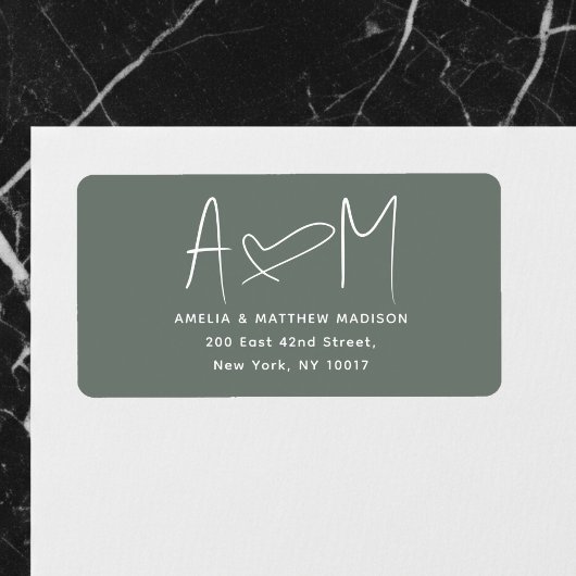 Couple Monogram Heart Green Return Address Etiket