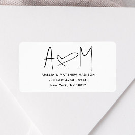 Couple Monogram Heart White Return Address Etiket