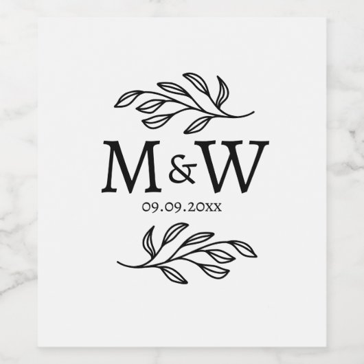 Couple Monogram Wedding Date Elegant Botanical Wijn Etiket (Enkel label)