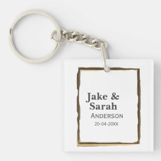Couple name gray golden frame border wedding date  sleutelhanger