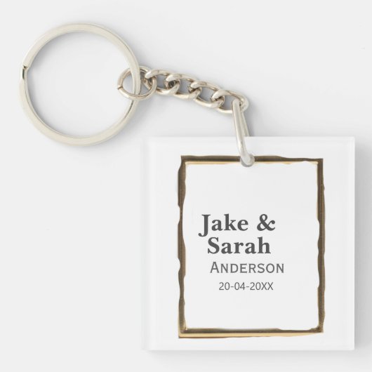 Couple name gray golden frame border wedding date  sleutelhanger (voorkant)