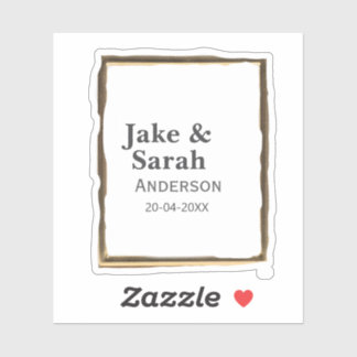 Couple name gray golden frame border wedding date  sticker