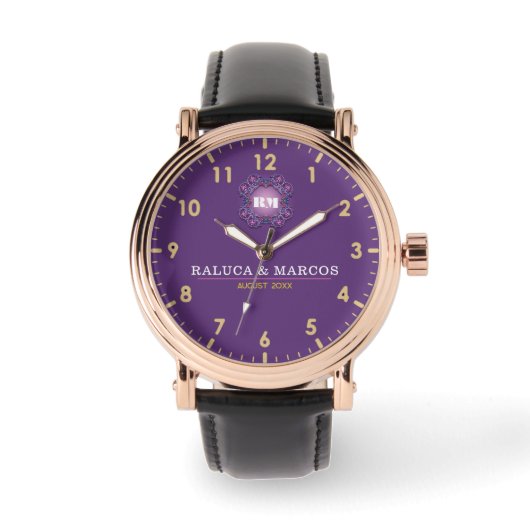 Couple names His and Her elegant purple monogram Horloge (Voorkant)