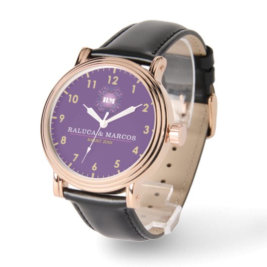 Couple names His and Her elegant purple monogram Horloge (Hoek)