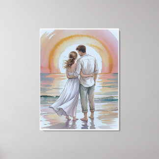Couple on the beach at sunset canvas afdruk
