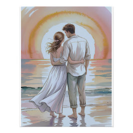 Couple on the beach at sunset foto afdruk
