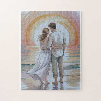 Couple on the beach at sunset puzzle legpuzzel