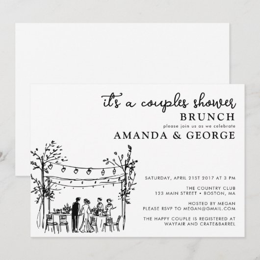 Couple shower brunch sketchy invitation kaart (Voorkant / Achterkant)